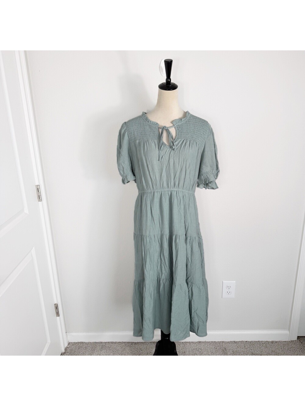 Sweet Wanderer Womens Sage Green Smocked Tiered Midi Dress Minimalist Prairie XL